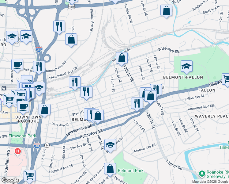 map of restaurants, bars, coffee shops, grocery stores, and more near 1102 Church Avenue Southeast in Roanoke