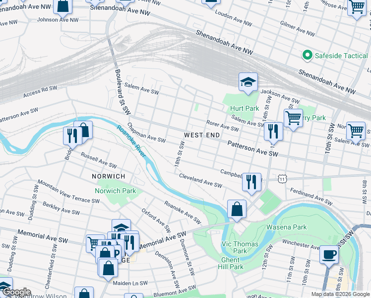 map of restaurants, bars, coffee shops, grocery stores, and more near 1802 Patterson Avenue Southwest in Roanoke