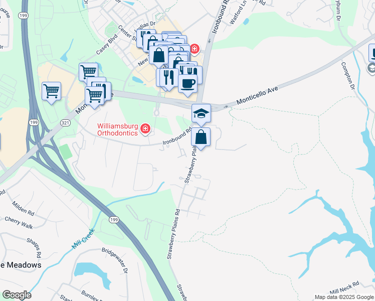 map of restaurants, bars, coffee shops, grocery stores, and more near 4003 Governors Square in Williamsburg
