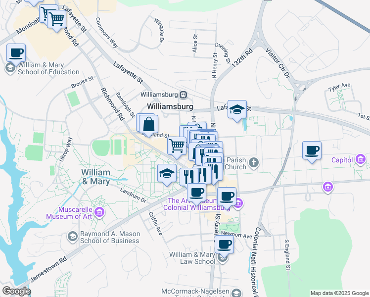 map of restaurants, bars, coffee shops, grocery stores, and more near 525 Prince George Street in Williamsburg