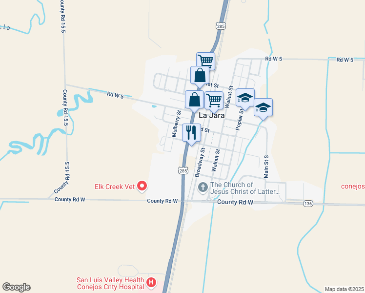 map of restaurants, bars, coffee shops, grocery stores, and more near 201-299 4th Street in La Jara