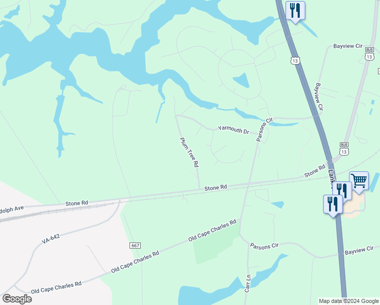map of restaurants, bars, coffee shops, grocery stores, and more near 22325 Plum Tree Road in Cape Charles