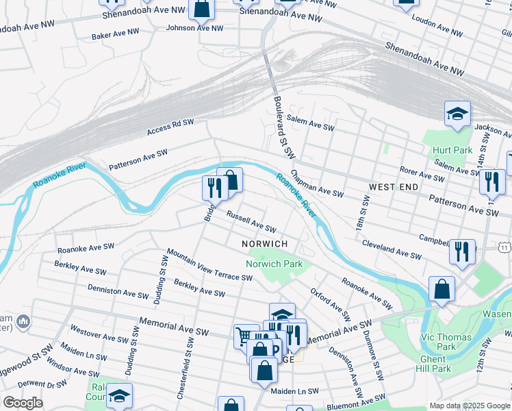 map of restaurants, bars, coffee shops, grocery stores, and more near 2213 Charlevoix Court Southwest in Roanoke