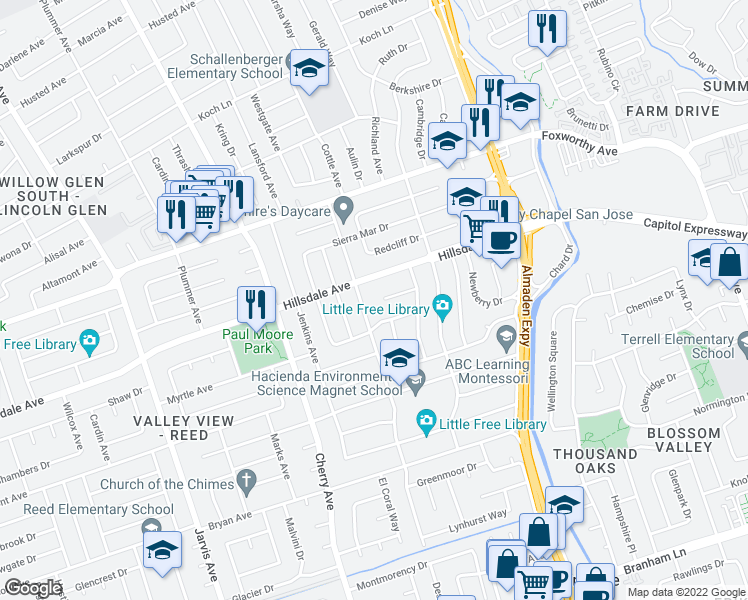 map of restaurants, bars, coffee shops, grocery stores, and more near 1285 Karie Ann Way in San Jose