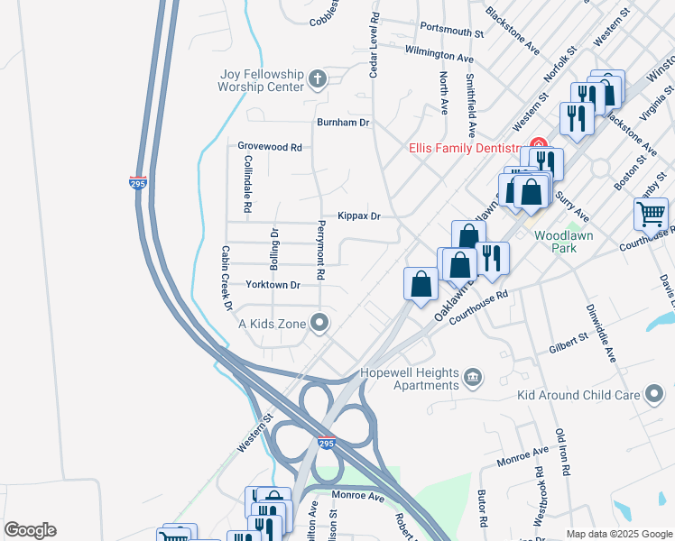 map of restaurants, bars, coffee shops, grocery stores, and more near 3808 Jamestown Drive in Hopewell