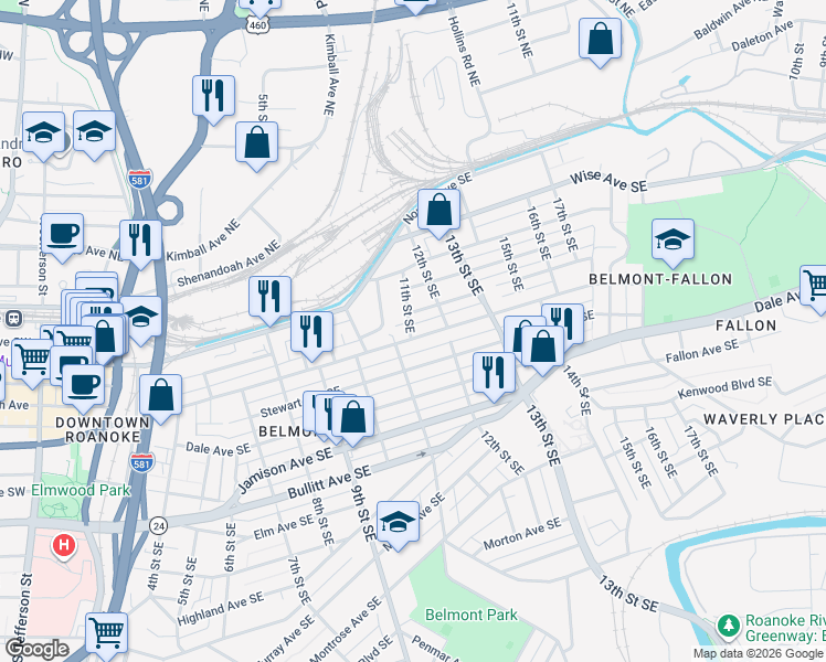 map of restaurants, bars, coffee shops, grocery stores, and more near 1102 Church Avenue Southeast in Roanoke