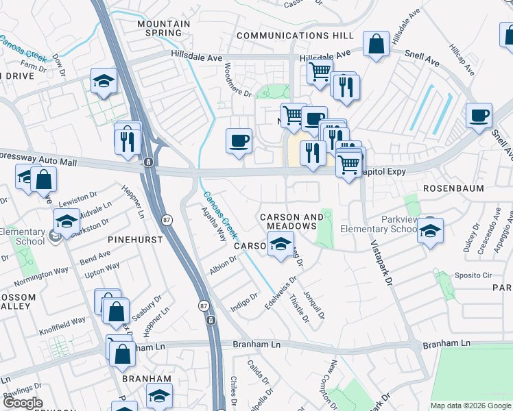 map of restaurants, bars, coffee shops, grocery stores, and more near 623 Lanfair Drive in San Jose