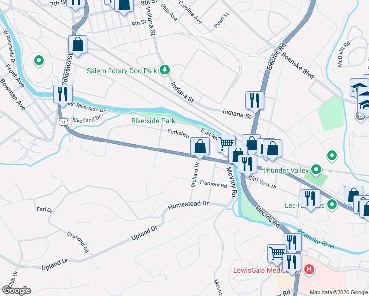 map of restaurants, bars, coffee shops, grocery stores, and more near 808 Yorkshire Street in Salem