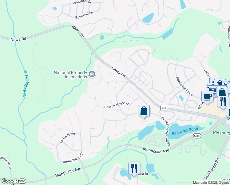 map of restaurants, bars, coffee shops, grocery stores, and more near 106 1st Patent Court in Williamsburg