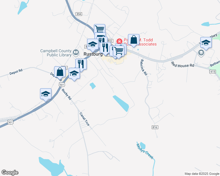 map of restaurants, bars, coffee shops, grocery stores, and more near in Rustburg