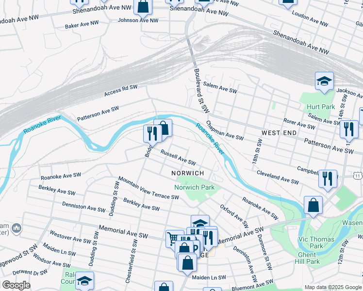 map of restaurants, bars, coffee shops, grocery stores, and more near 2213 Charlevoix Court Southwest in Roanoke