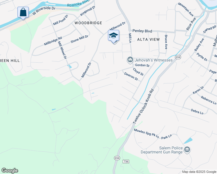 map of restaurants, bars, coffee shops, grocery stores, and more near 2521 Russlen Drive in Salem
