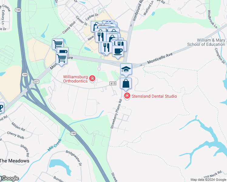 map of restaurants, bars, coffee shops, grocery stores, and more near 4007 Governors Square in Williamsburg