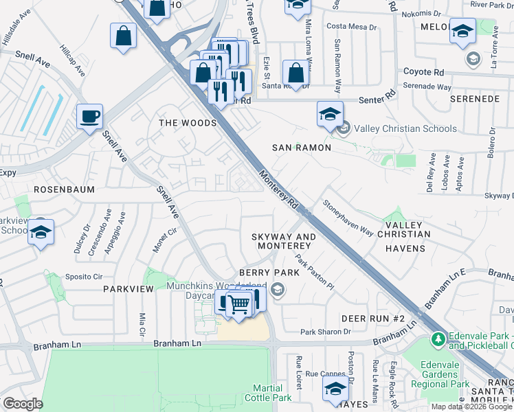 map of restaurants, bars, coffee shops, grocery stores, and more near 69 River Ash Court in San Jose