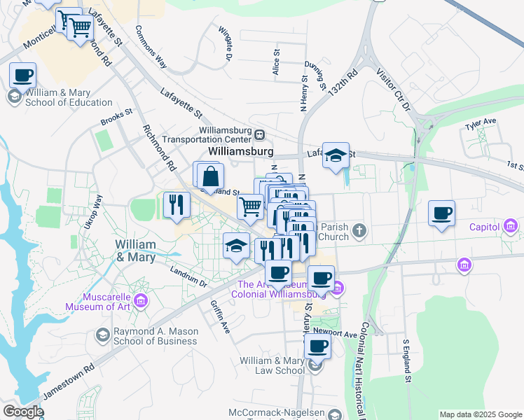 map of restaurants, bars, coffee shops, grocery stores, and more near 525 Prince George Street in Williamsburg