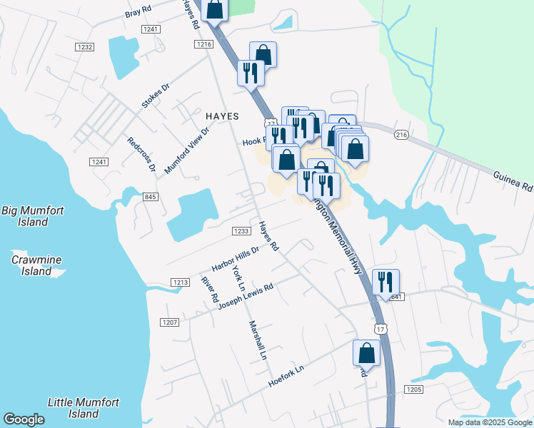 map of restaurants, bars, coffee shops, grocery stores, and more near 2281 Hayes Road in Gloucester Point