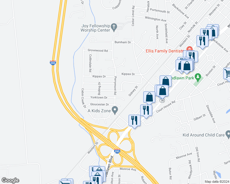 map of restaurants, bars, coffee shops, grocery stores, and more near 3802 Jamestown Drive in Hopewell