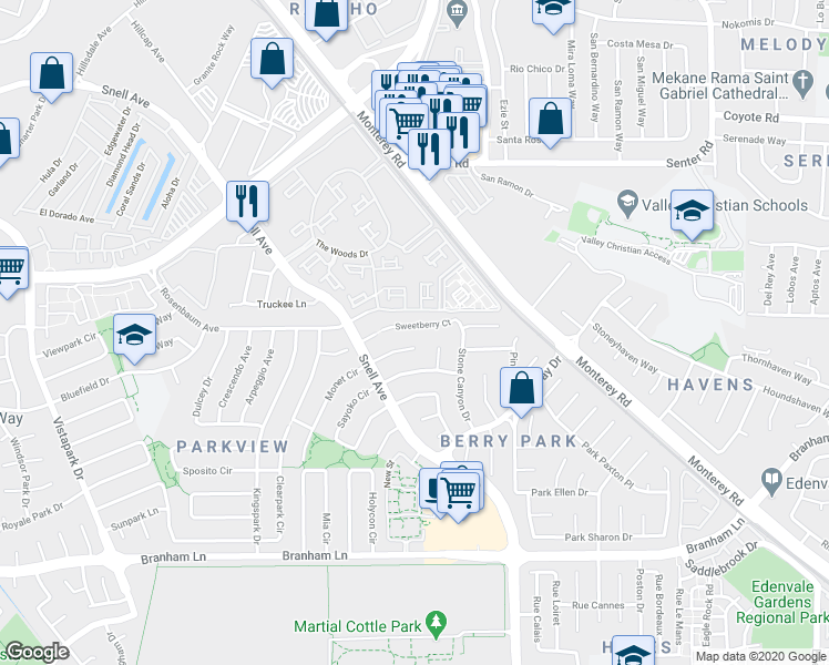 map of restaurants, bars, coffee shops, grocery stores, and more near 138 Sweetberry Court in San Jose