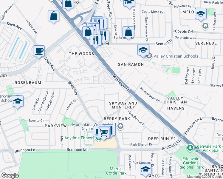 map of restaurants, bars, coffee shops, grocery stores, and more near 69 River Ash Court in San Jose