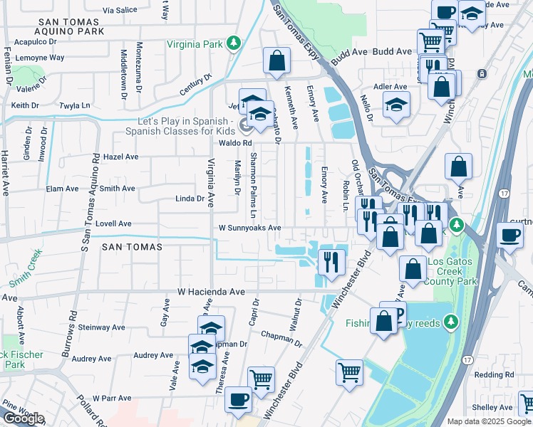 map of restaurants, bars, coffee shops, grocery stores, and more near 604 Beta Court in Campbell