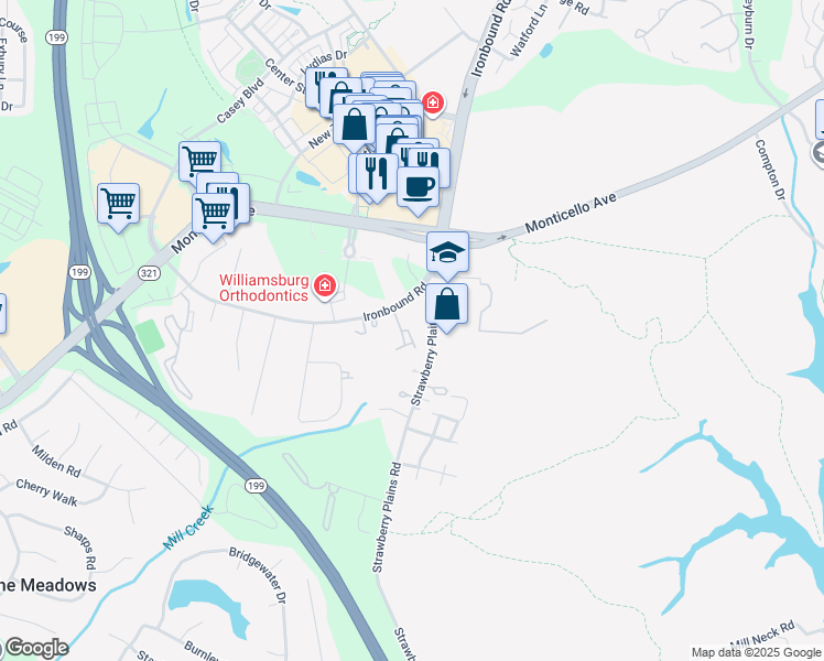 map of restaurants, bars, coffee shops, grocery stores, and more near 4124 Ironbound Road in Williamsburg