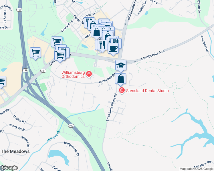 map of restaurants, bars, coffee shops, grocery stores, and more near 4124 Ironbound Road in Williamsburg