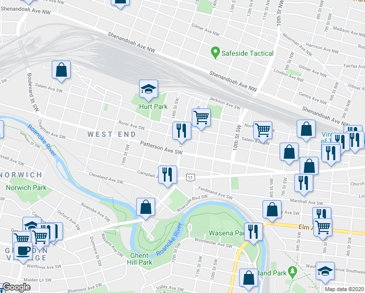 map of restaurants, bars, coffee shops, grocery stores, and more near 1301 Rorer Avenue Southwest in Roanoke