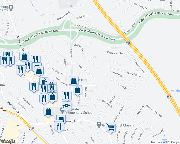 map of restaurants, bars, coffee shops, grocery stores, and more near 163 Sheppard Drive in Williamsburg
