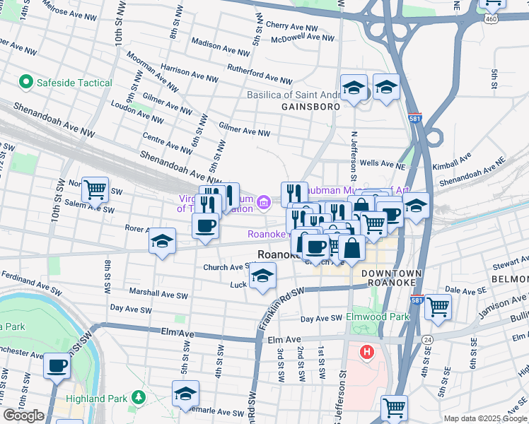 map of restaurants, bars, coffee shops, grocery stores, and more near 303 Norfolk Avenue Southwest in Roanoke