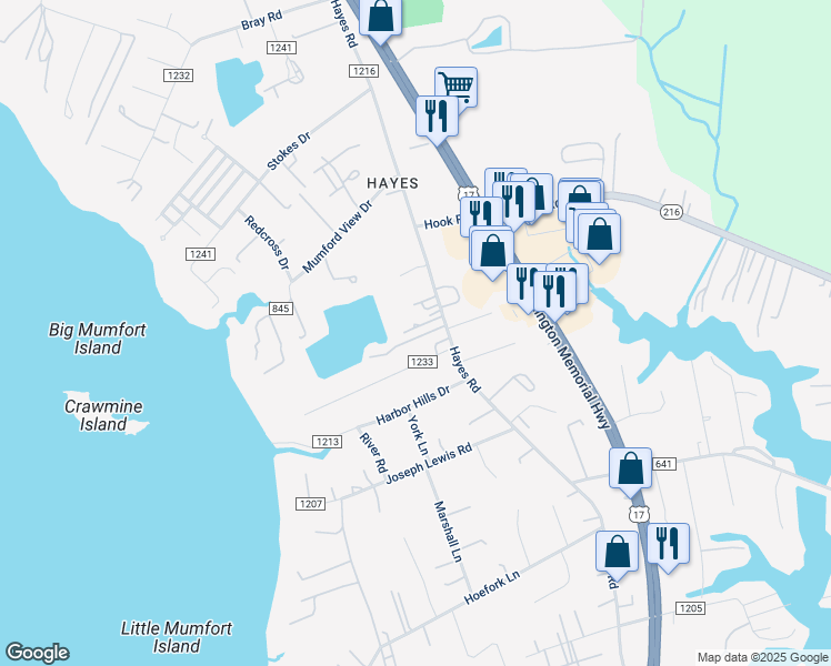 map of restaurants, bars, coffee shops, grocery stores, and more near 7395 Motley Lane in Gloucester Point