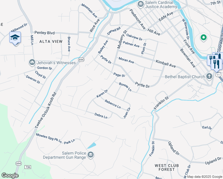 map of restaurants, bars, coffee shops, grocery stores, and more near 2246 Karen Drive in Salem