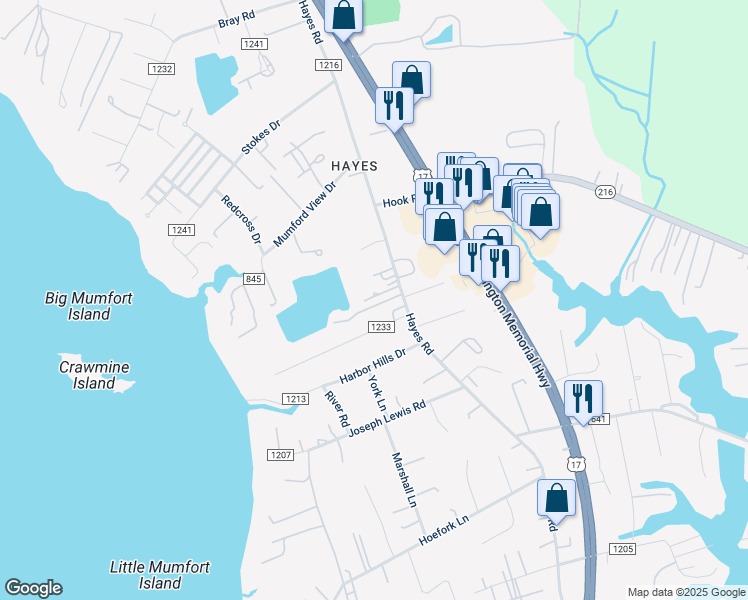map of restaurants, bars, coffee shops, grocery stores, and more near 7395 Motley Lane in Gloucester Point