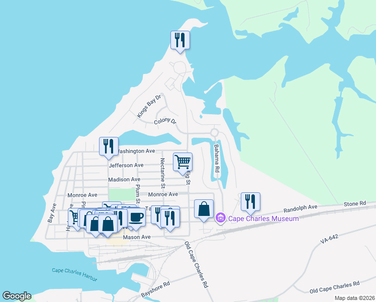 map of restaurants, bars, coffee shops, grocery stores, and more near Fig Street in Cape Charles