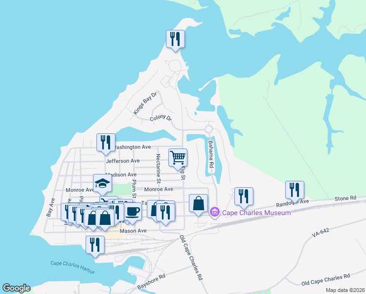 map of restaurants, bars, coffee shops, grocery stores, and more near Fig Street in Cape Charles