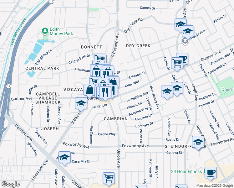 map of restaurants, bars, coffee shops, grocery stores, and more near 2655 Hocking Way in San Jose