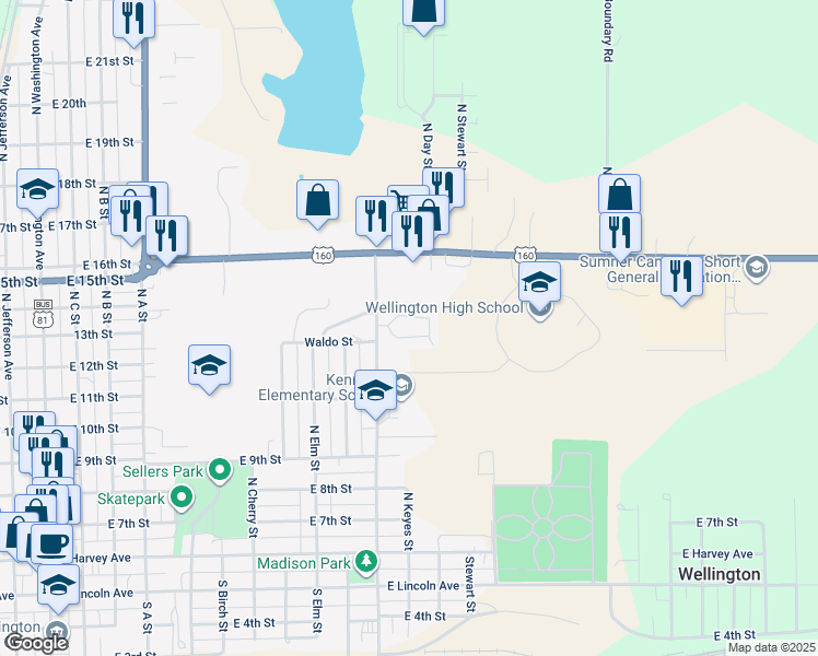 map of restaurants, bars, coffee shops, grocery stores, and more near 815 North Woodlawn Street in Wellington