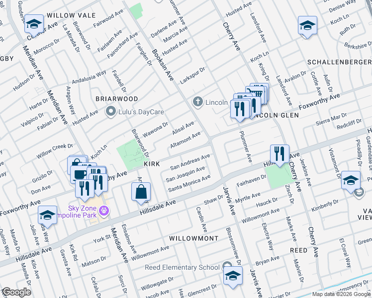map of restaurants, bars, coffee shops, grocery stores, and more near 1520 Altamont Avenue in San Jose