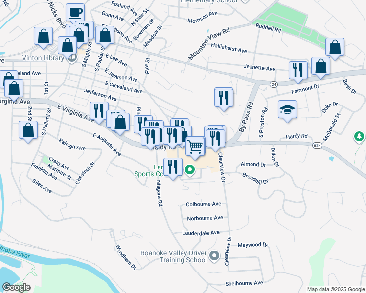 map of restaurants, bars, coffee shops, grocery stores, and more near 900 Hardy Road in Vinton