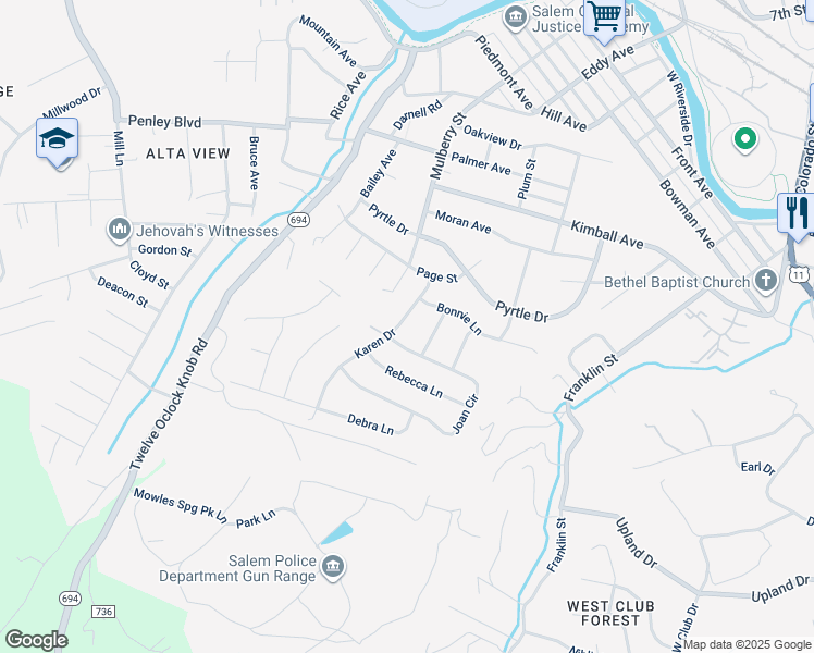 map of restaurants, bars, coffee shops, grocery stores, and more near 2246 Karen Drive in Salem