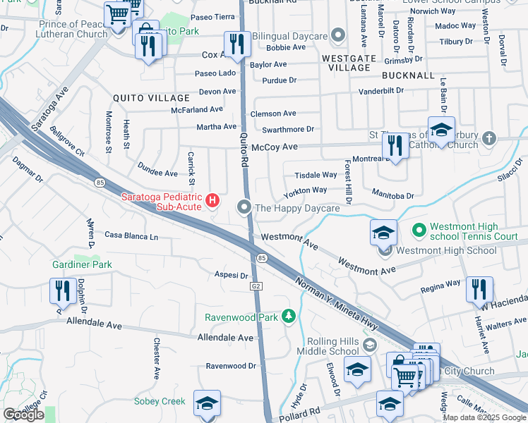map of restaurants, bars, coffee shops, grocery stores, and more near 5289 Yorkton Way in San Jose