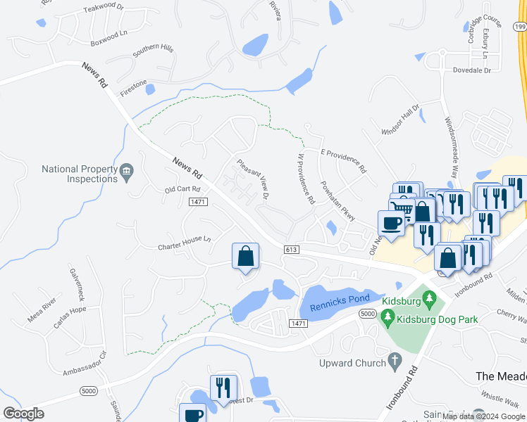 map of restaurants, bars, coffee shops, grocery stores, and more near 4580 Beacon Hill Drive in Williamsburg