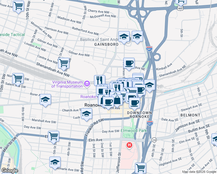 map of restaurants, bars, coffee shops, grocery stores, and more near in Roanoke
