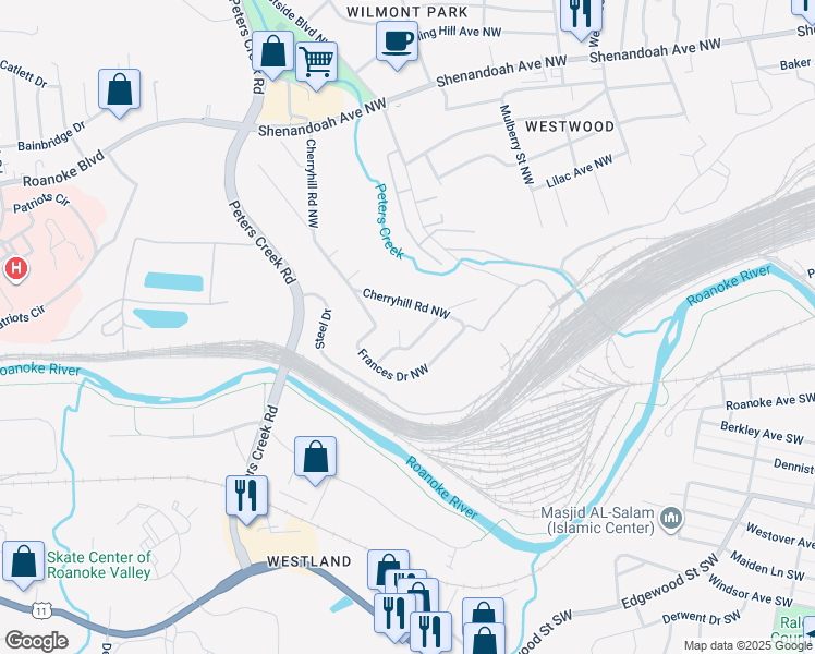 map of restaurants, bars, coffee shops, grocery stores, and more near 3 Nancy Circle in Roanoke