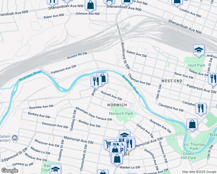map of restaurants, bars, coffee shops, grocery stores, and more near 2229 Charlevoix Court Southwest in Roanoke