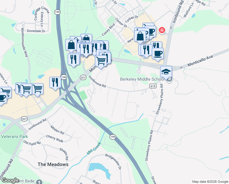 map of restaurants, bars, coffee shops, grocery stores, and more near 4052 Ironbound Road in Williamsburg