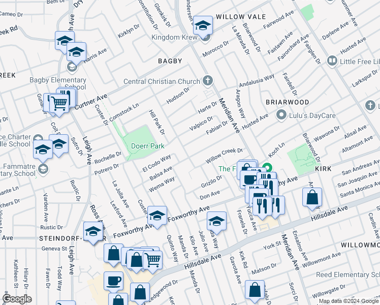 map of restaurants, bars, coffee shops, grocery stores, and more near 1729 Husted Avenue in San Jose