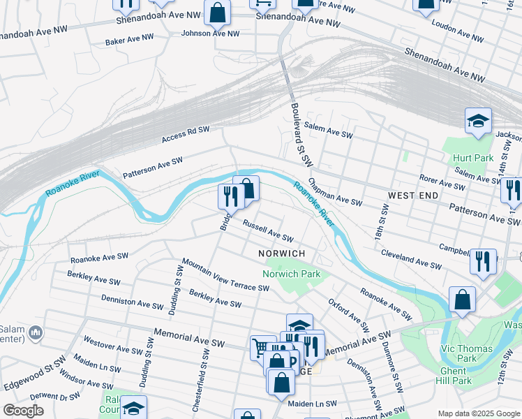 map of restaurants, bars, coffee shops, grocery stores, and more near 2229 Charlevoix Court Southwest in Roanoke