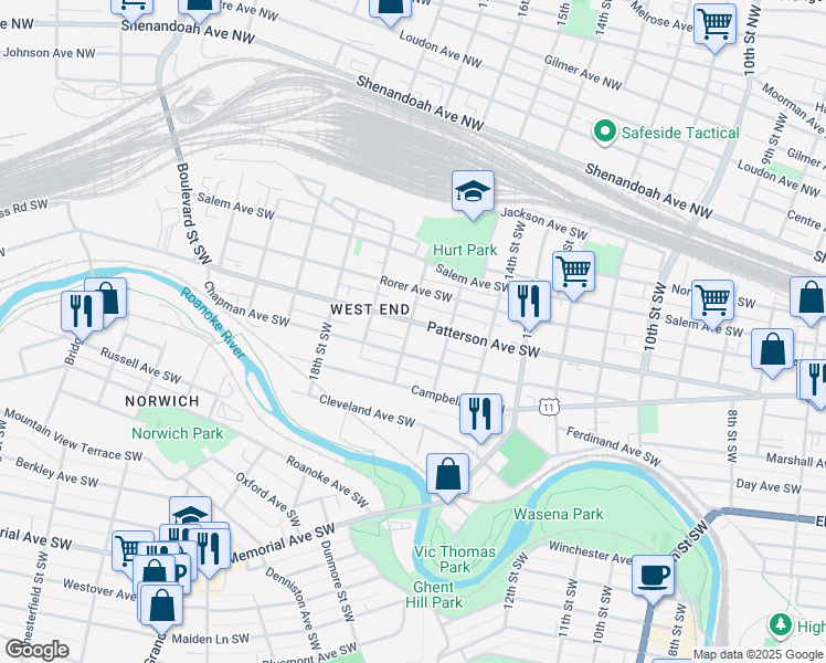 map of restaurants, bars, coffee shops, grocery stores, and more near in Roanoke