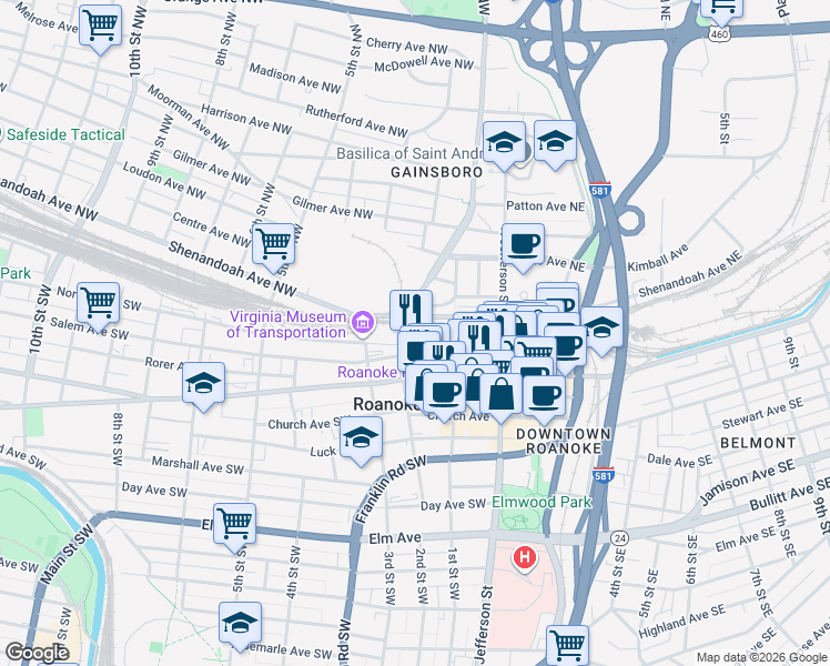 map of restaurants, bars, coffee shops, grocery stores, and more near 200 Shenandoah Ave NW in Roanoke