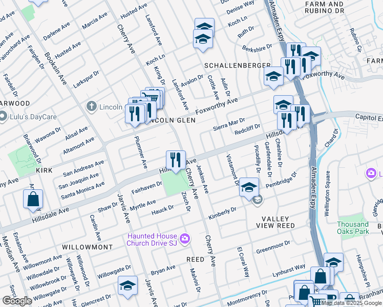 map of restaurants, bars, coffee shops, grocery stores, and more near 3137 Jenkins Avenue in San Jose